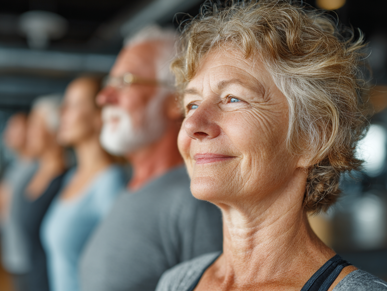 Семейная группа занимается фитнесом в современном зале